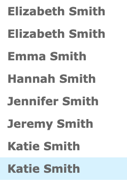Screenshot of race results from MTEC showing two participants named "Elizabeth Smith" and two participants named "Katie Smith" raced in the same year